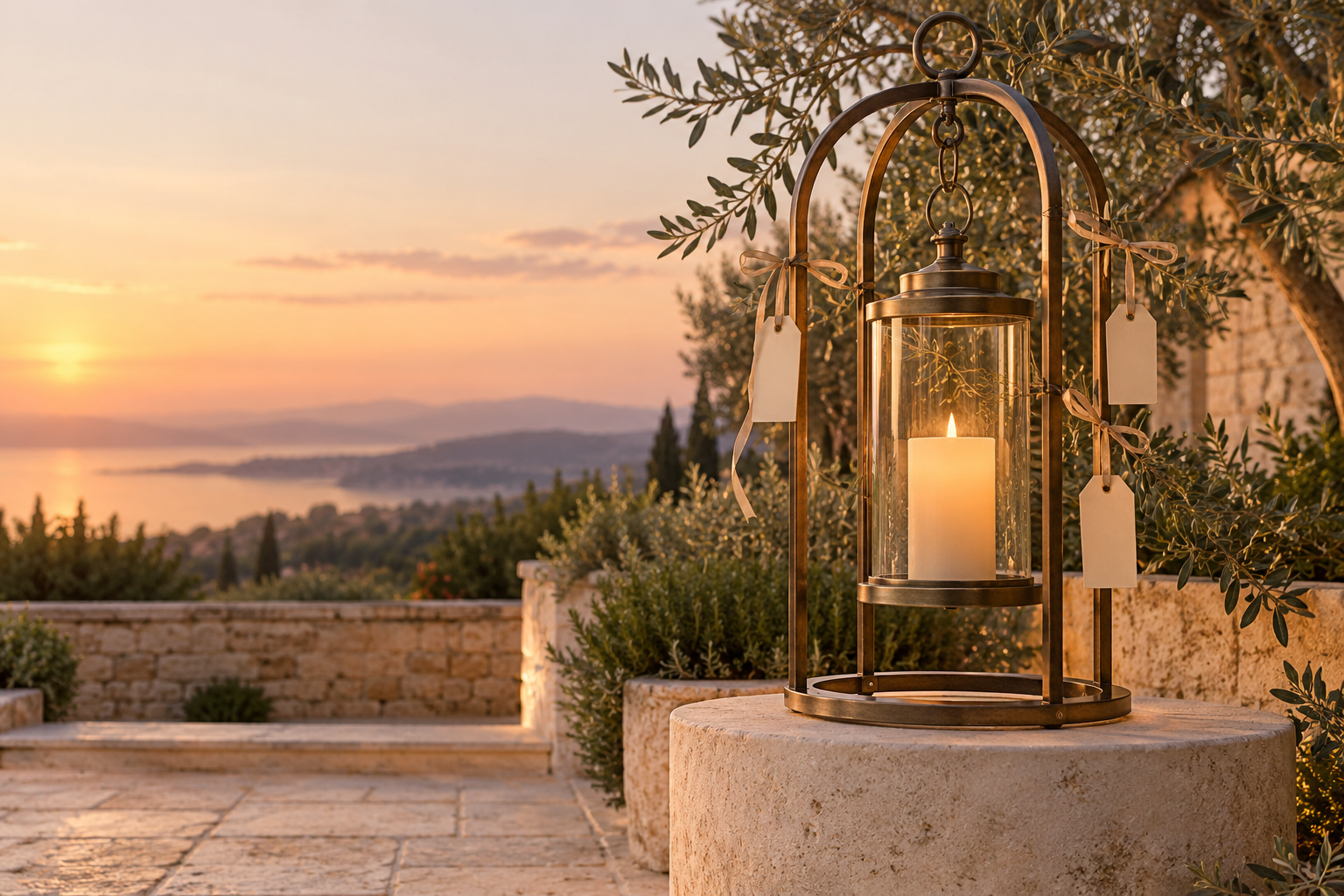 Glowing lanterns beside water at dusk