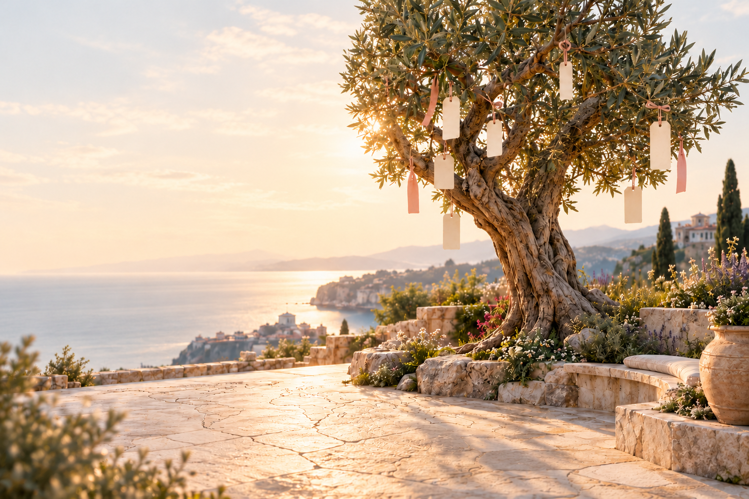 Olive tree branches in warm afternoon light